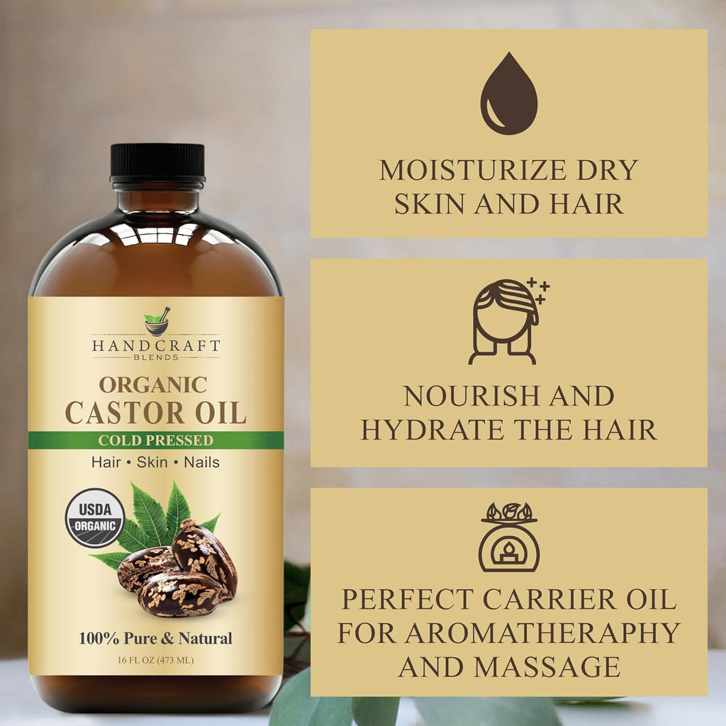 Cold-Pressed Organic Castor Oil 16 Fl Oz | Glass Bottle | 100% Pure and Natural | Premium Grade Carrier Oil | Hair, Eyelashes and Eyebrows | Hair and Body