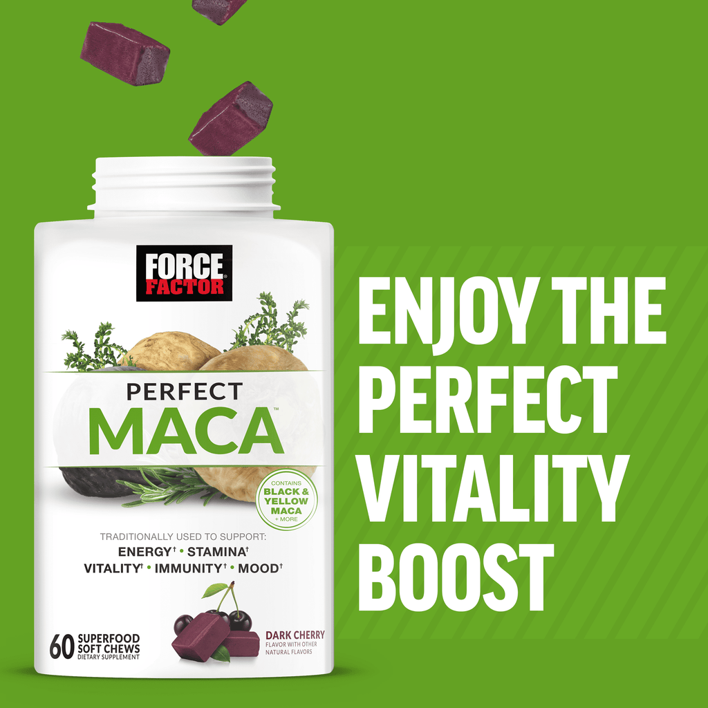 Perfect Maca, Black & Yellow Maca Root Supplement with DIM & Saffron for Mood, Hormone, & Energy Support, Dark Cherry, 60 Soft Chews