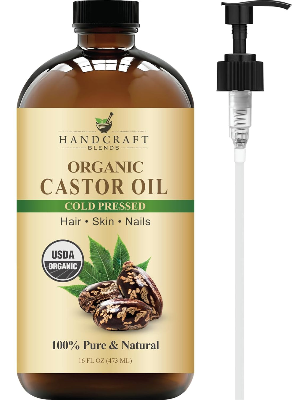 Cold-Pressed Organic Castor Oil 16 Fl Oz | Glass Bottle | 100% Pure and Natural | Premium Grade Carrier Oil | Hair, Eyelashes and Eyebrows | Hair and Body