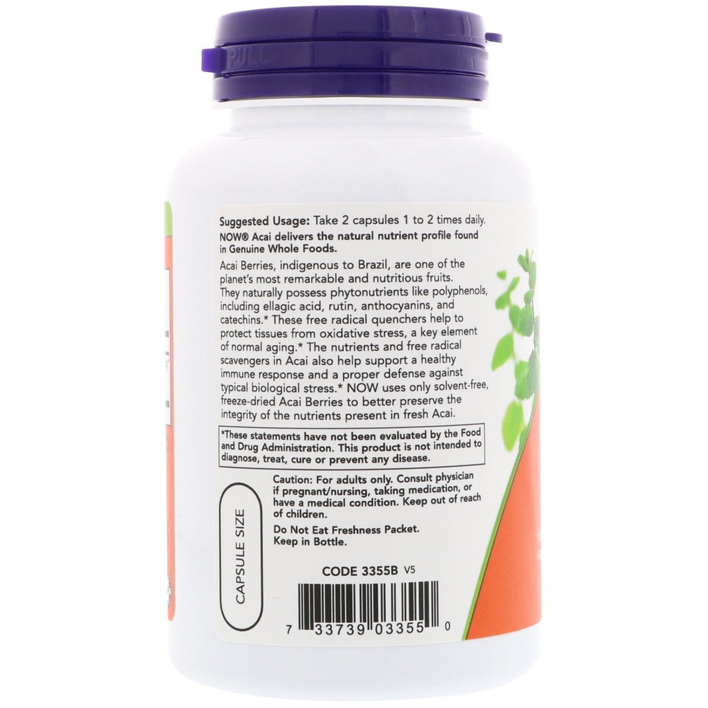 Now Foods Freeze-Dried Acai 500 Mg 100 Veg Capsules GMP Quality Assured, Kosher,