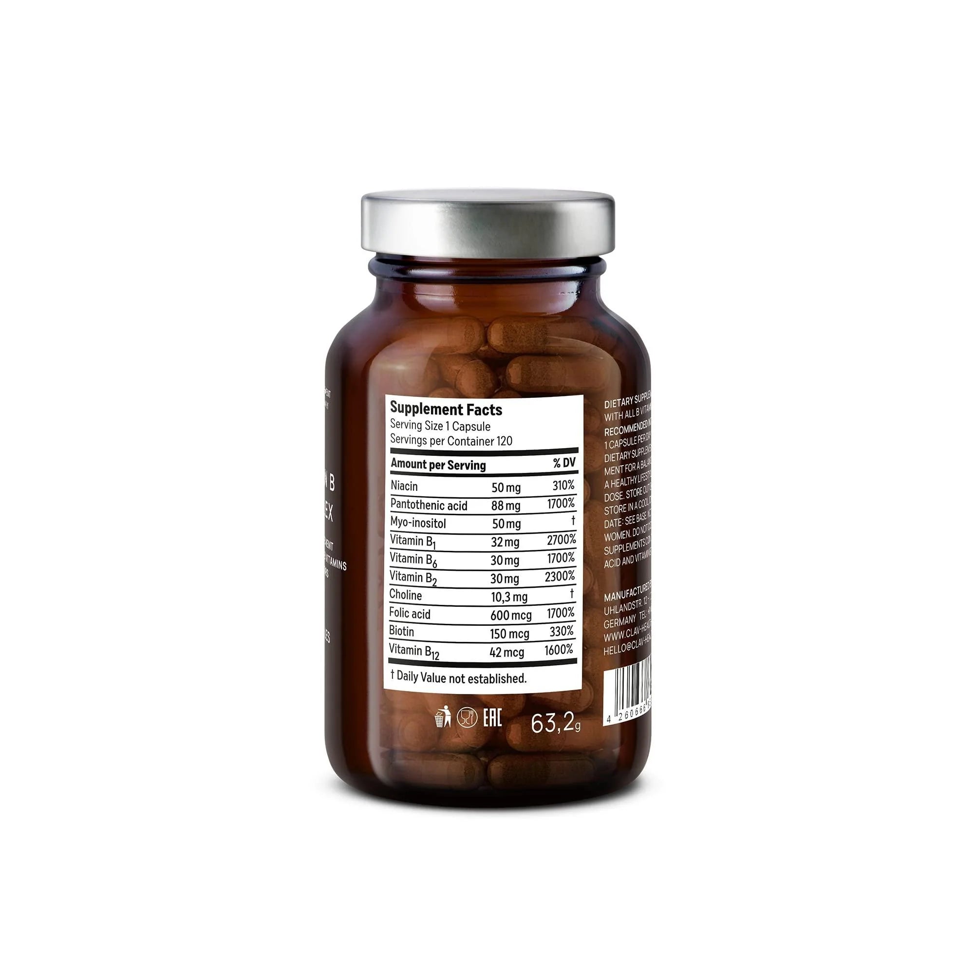 Vitamin B Complex 120 Capsules All 8 B Vitamins with Co Factors Myo Inositol