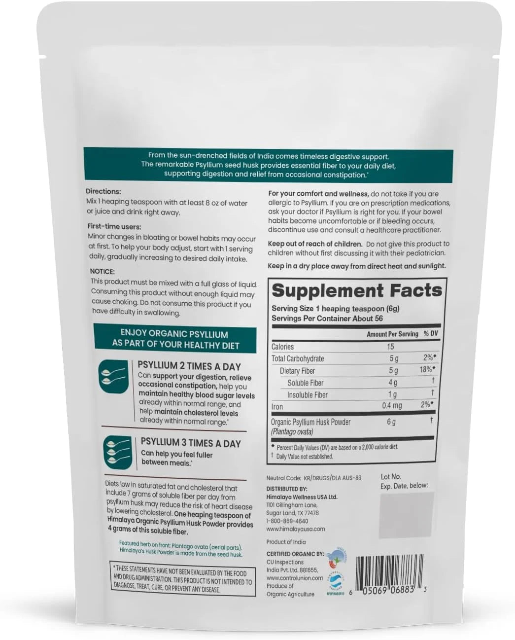 Organic Psyllium Husk Powder, Daily Dietary Fiber Supplement, Appetite Management, 56-Teaspoon Supply, 12 Oz