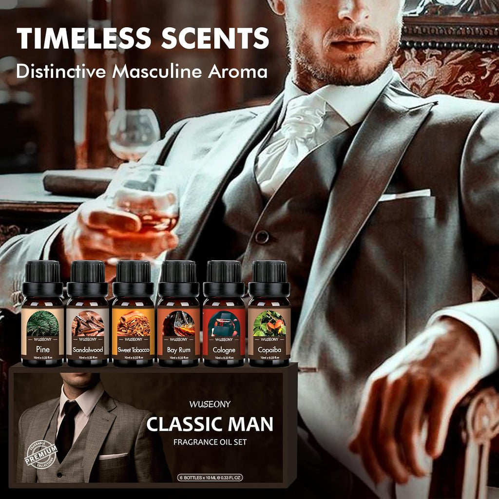 Classic Man Fragrance Oils Set, Mens Essential Oils Set - Pine, Sweet Tobacco, Bay Rum, Cologne, Copaiba, Sandalwood Candle Scents for Candle Making, Soap Making Supplies, Diffuser Oil Scents