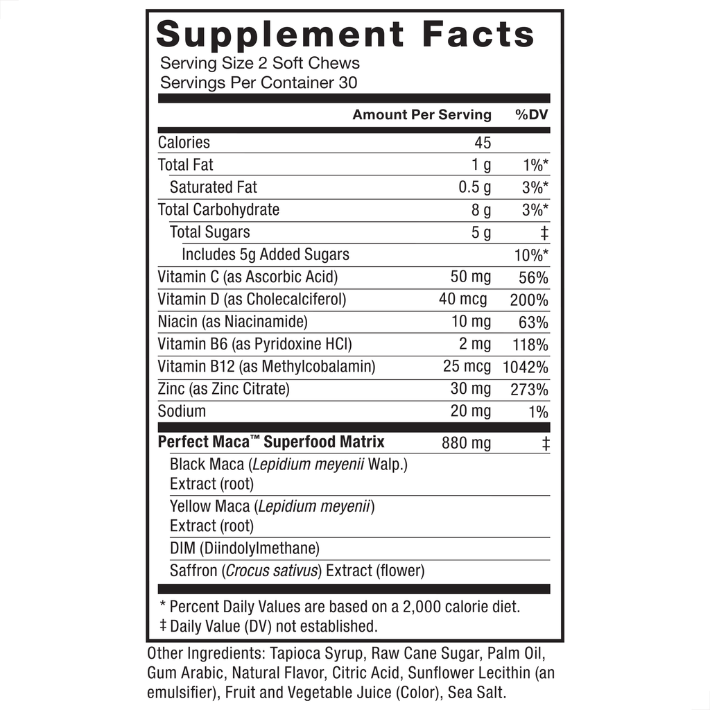 Perfect Maca, Black & Yellow Maca Root Supplement with DIM & Saffron for Mood, Hormone, & Energy Support, Dark Cherry, 60 Soft Chews