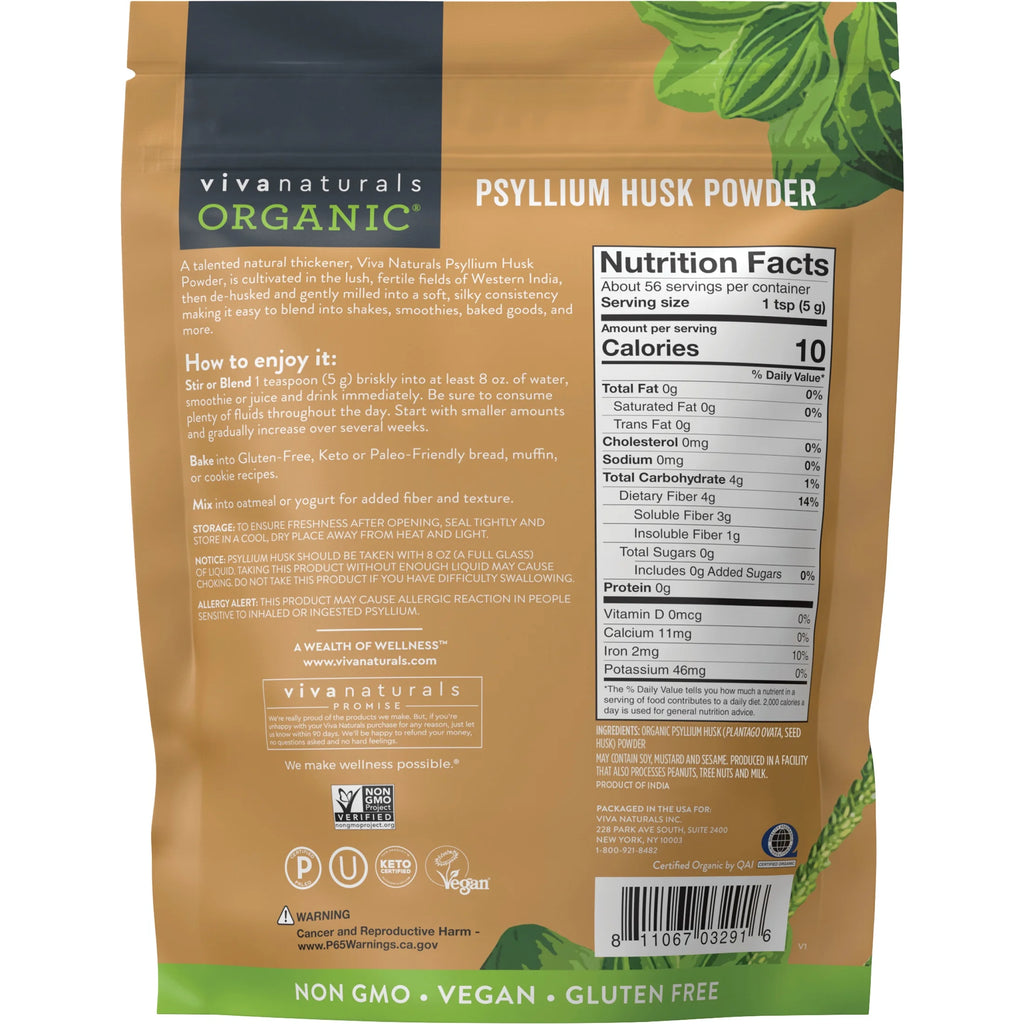 Organic Psyllium Husk Powder, 10 Oz-Finely Ground, Unflavored, Gluten-Free, Vegan, Keto and Paleo