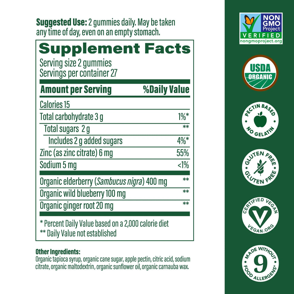Elderberry Immune Support Gummies - Vegan, Organic, Gluten-Free - 27 Servings
