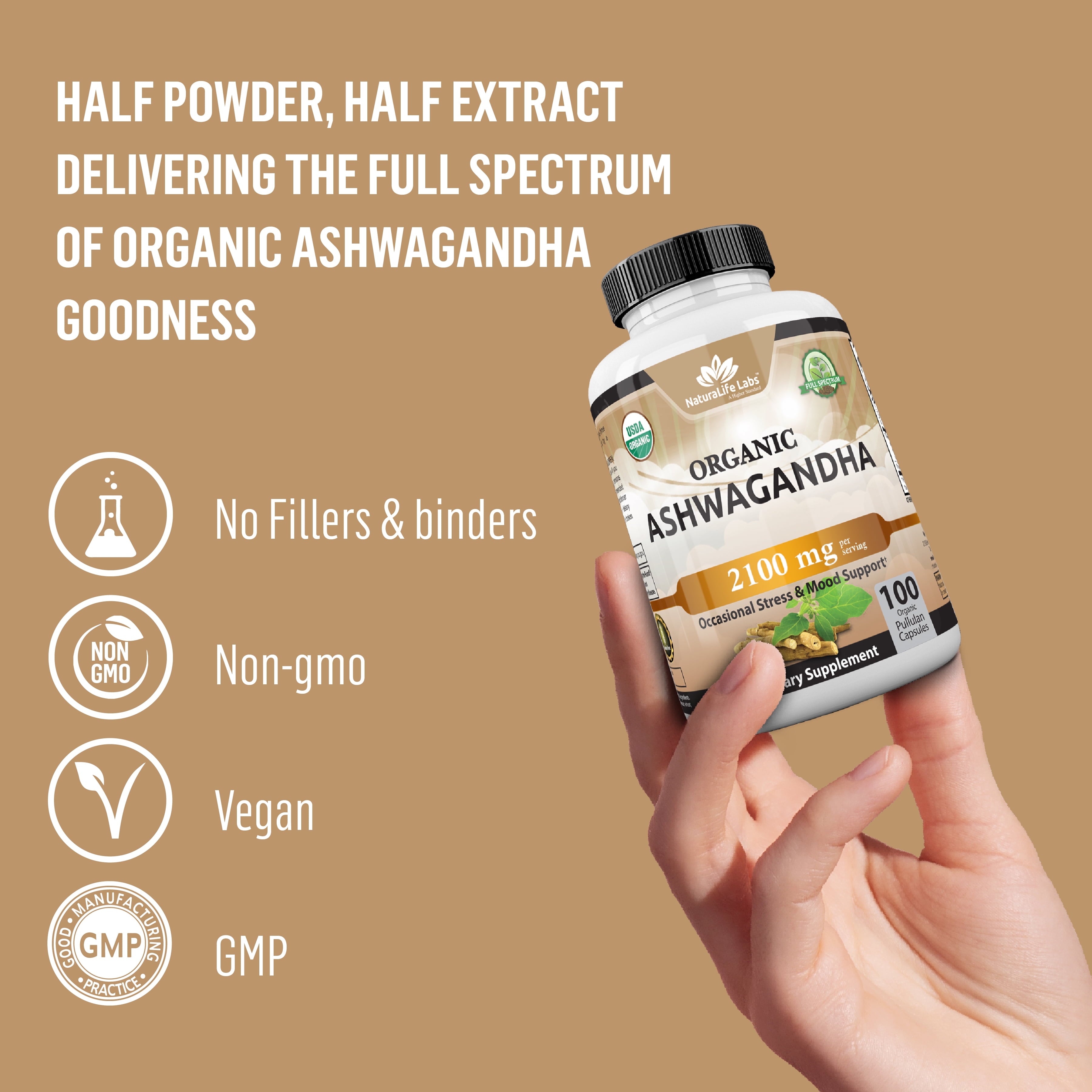 Organic Ashwagandha 2,100 Mg - 100 Vegan Capsules Pure Organic Ashwagandha Powder and Root Extract