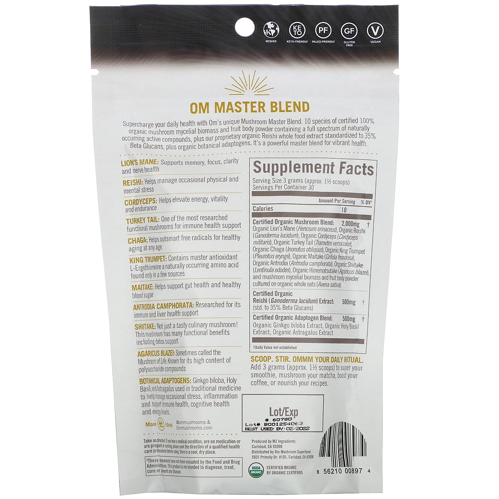 Mushro Superfood Master Blend Mushro Powder Supplement, 3.2 Oz., 34 Servings, 10 Mushro Cplex, Lions Mane, Chaga, Cordyceps, Reishi Extract Adaptogens for Vibrant Health, Immune Support