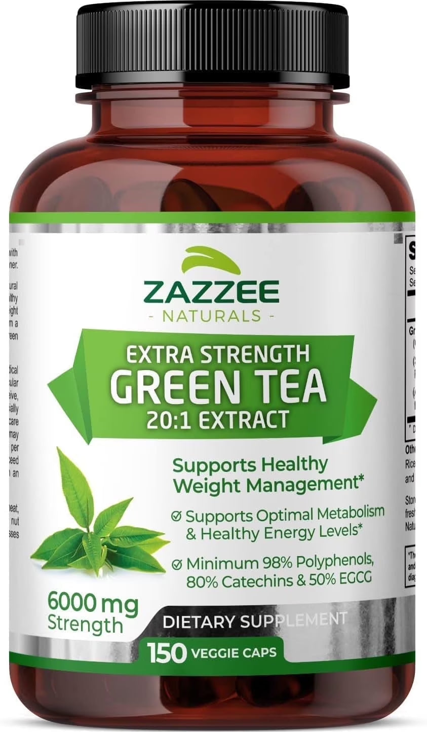 Zazzee Extra Strength Green Tea Extract 6000 Mg – 150 Vegan Capsules – 20:1 Potency – 50% EGCG / 98% Polyphenols – 5‑Month Supply – Vegan • Non-Gmo • Made in USA