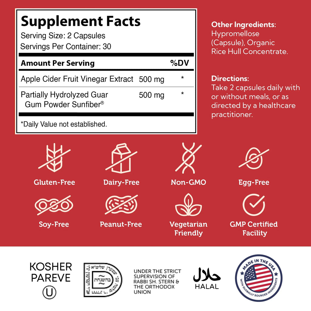 Apple Cider Vinegar Capsules with Fiber Supplement - Cleansing, Digestive and Metabolic Support - Healthy Diet and Appetite - Kosher Apple Cider Vinegar Pills - Non GMO ACV Capsules - 60 Count