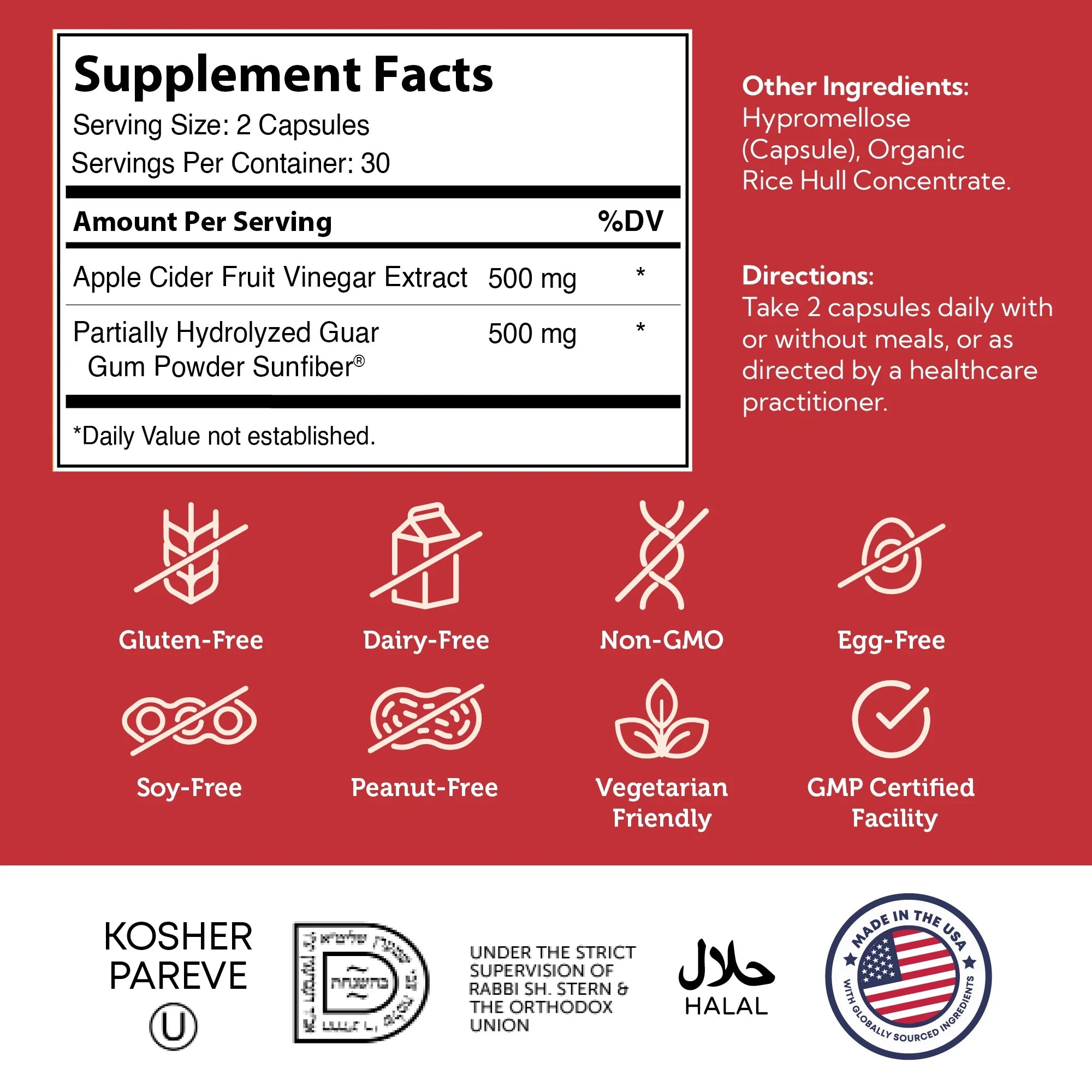 Apple Cider Vinegar Capsules with Fiber Supplement - Cleansing, Digestive and Metabolic Support - Healthy Diet and Appetite - Kosher Apple Cider Vinegar Pills - Non GMO ACV Capsules - 60 Count