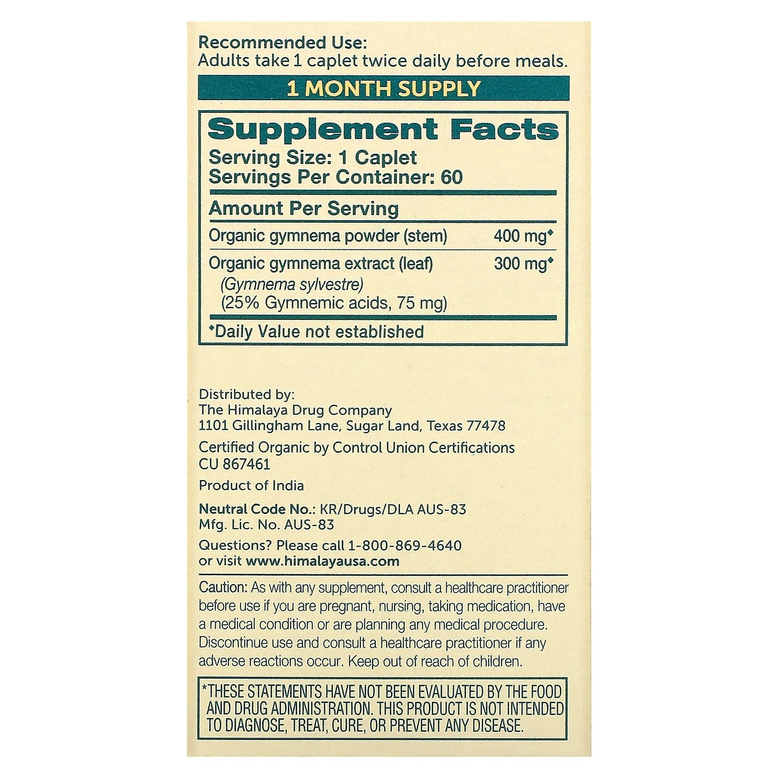 Himalaya Gymnema 60 Caplets Gluten-Free, GMP Quality Assured, Non-Gmo, Organic,