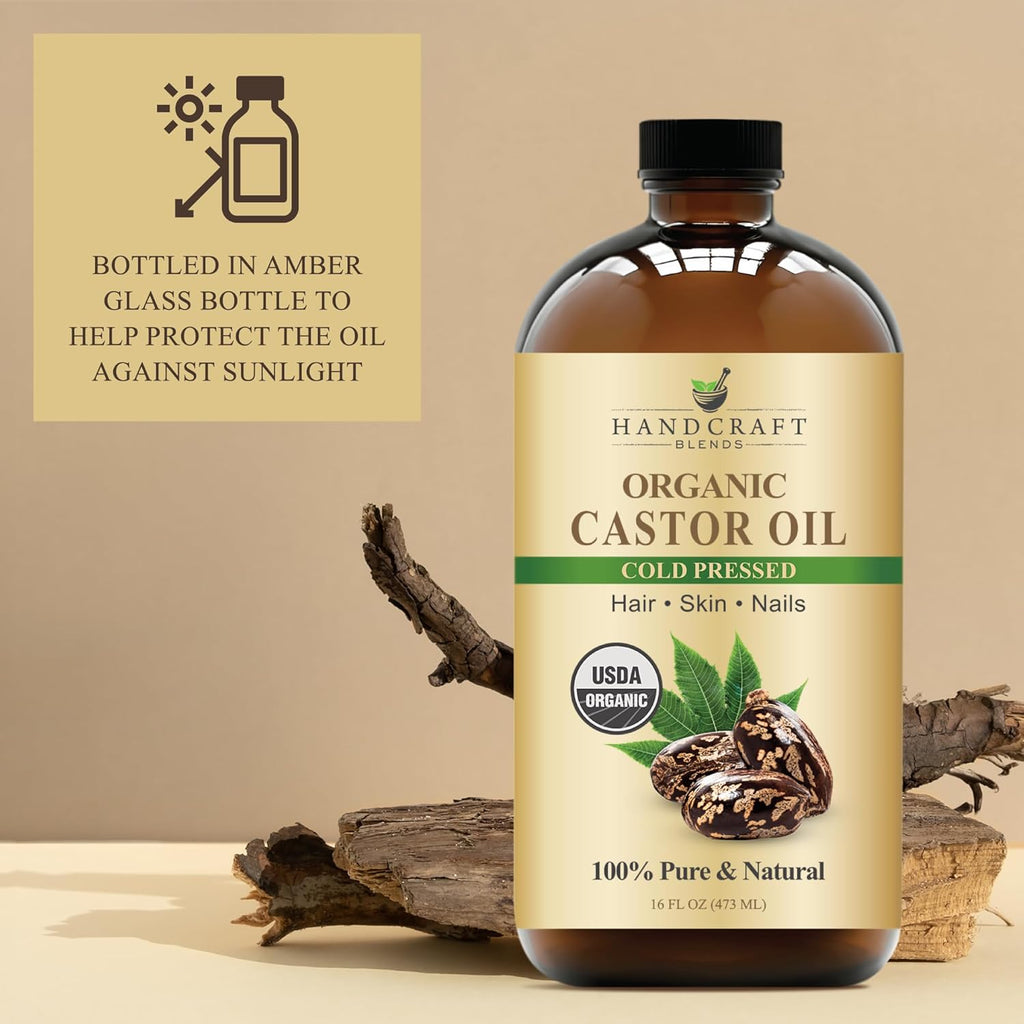 Cold-Pressed Organic Castor Oil 16 Fl Oz | Glass Bottle | 100% Pure and Natural | Premium Grade Carrier Oil | Hair, Eyelashes and Eyebrows | Hair and Body