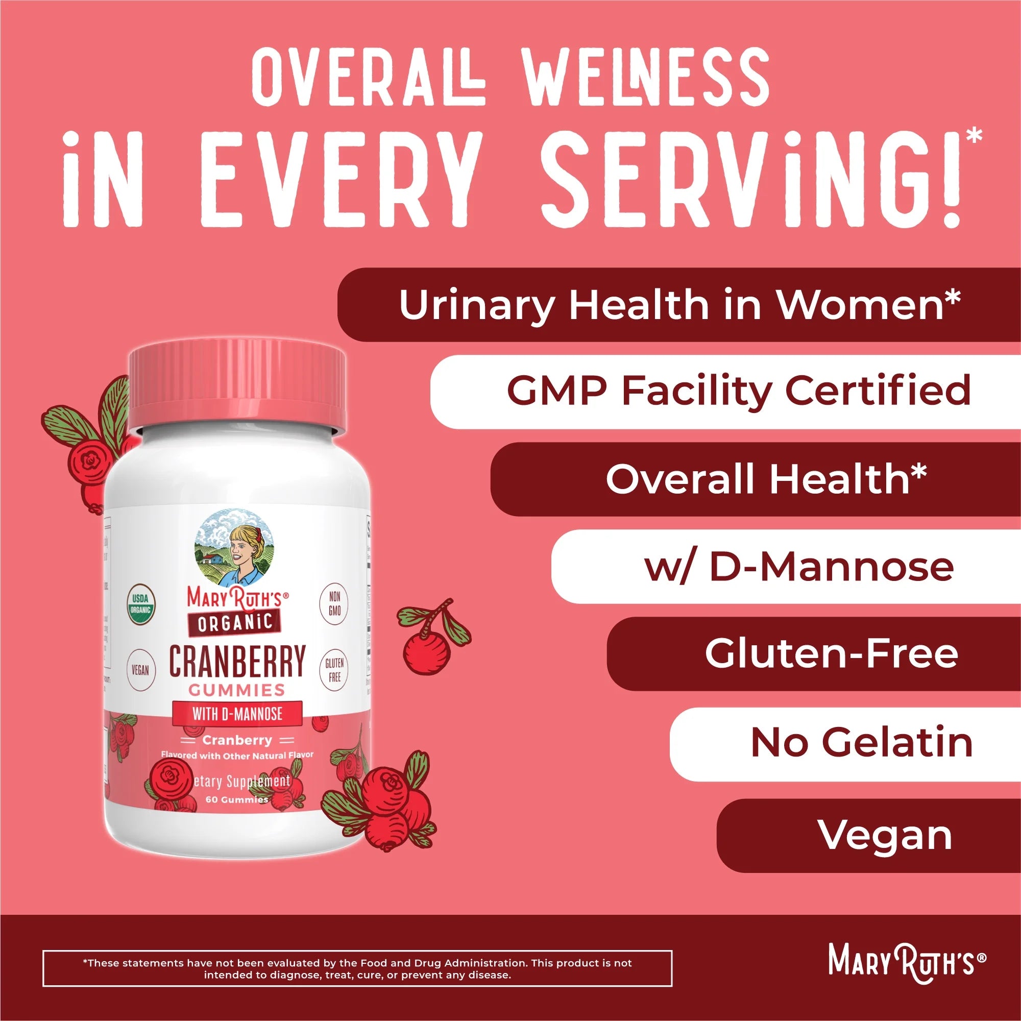 Cranberry Gummies with Mannose for Urinary Health, Vegan