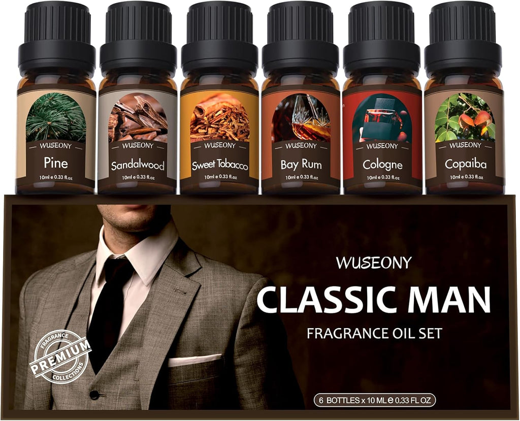Classic Man Fragrance Oils Set, Mens Essential Oils Set - Pine, Sweet Tobacco, Bay Rum, Cologne, Copaiba, Sandalwood Candle Scents for Candle Making, Soap Making Supplies, Diffuser Oil Scents