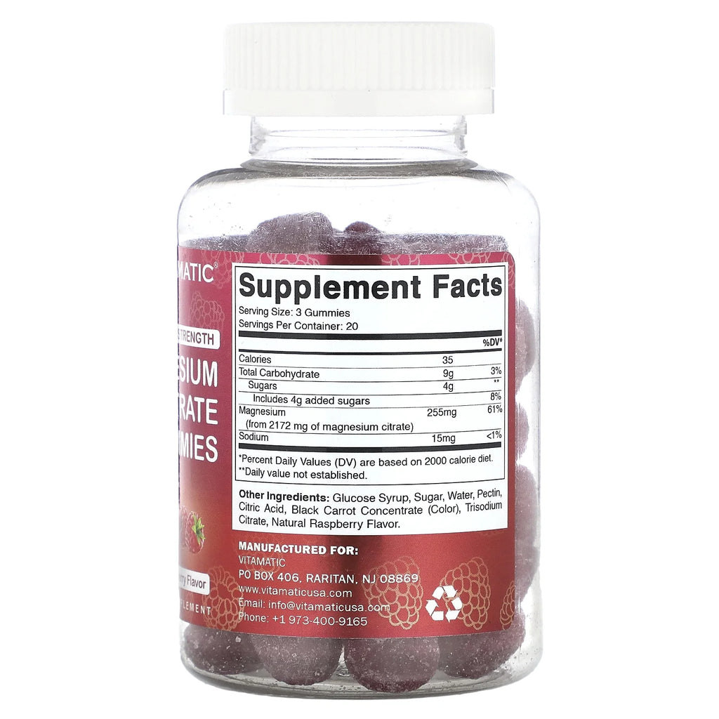 Extra Strength Magnesium Gummies 255 Mg (Elemental Mg) per Serving - 60 Vegan Gummies - Promotes Healthy Relaxation, Muscle, Bone, & Energy Support