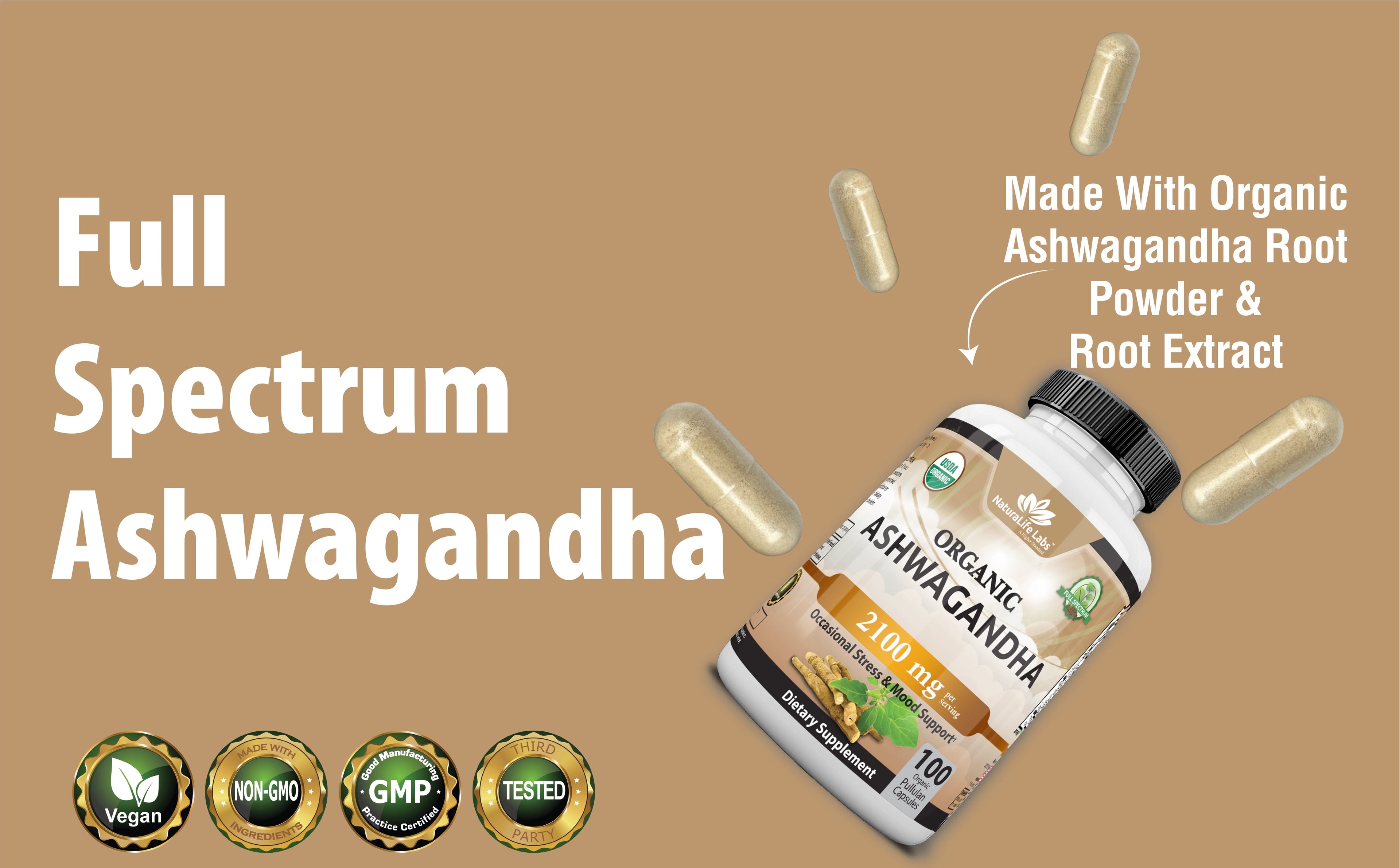 Organic Ashwagandha 2,100 Mg - 100 Vegan Capsules Pure Organic Ashwagandha Powder and Root Extract