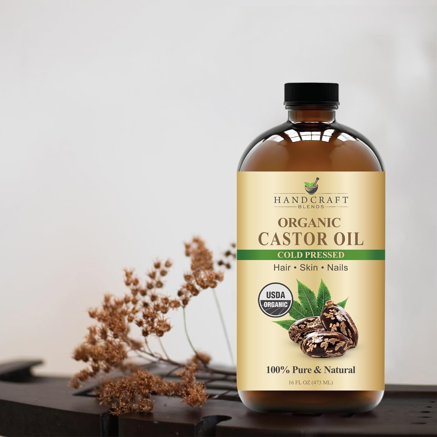 Cold-Pressed Organic Castor Oil 16 Fl Oz | Glass Bottle | 100% Pure and Natural | Premium Grade Carrier Oil | Hair, Eyelashes and Eyebrows | Hair and Body