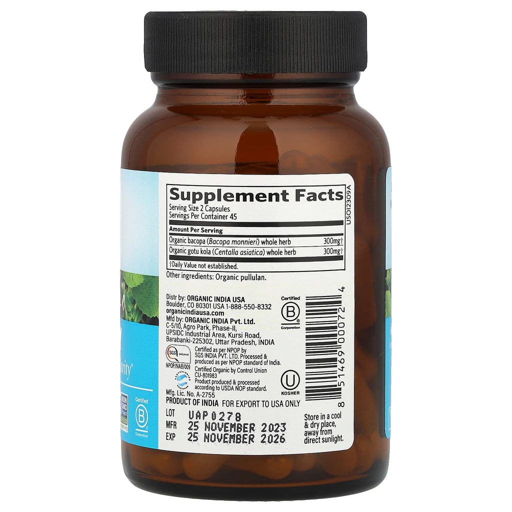 Organic India Memory Mental Clarity 90 Veggie Caps Gluten-Free, Organic, Vegan,