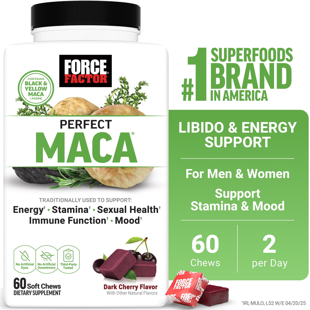 Perfect Maca, Black & Yellow Maca Root Supplement with DIM & Saffron for Mood, Hormone, & Energy Support, Dark Cherry, 60 Soft Chews