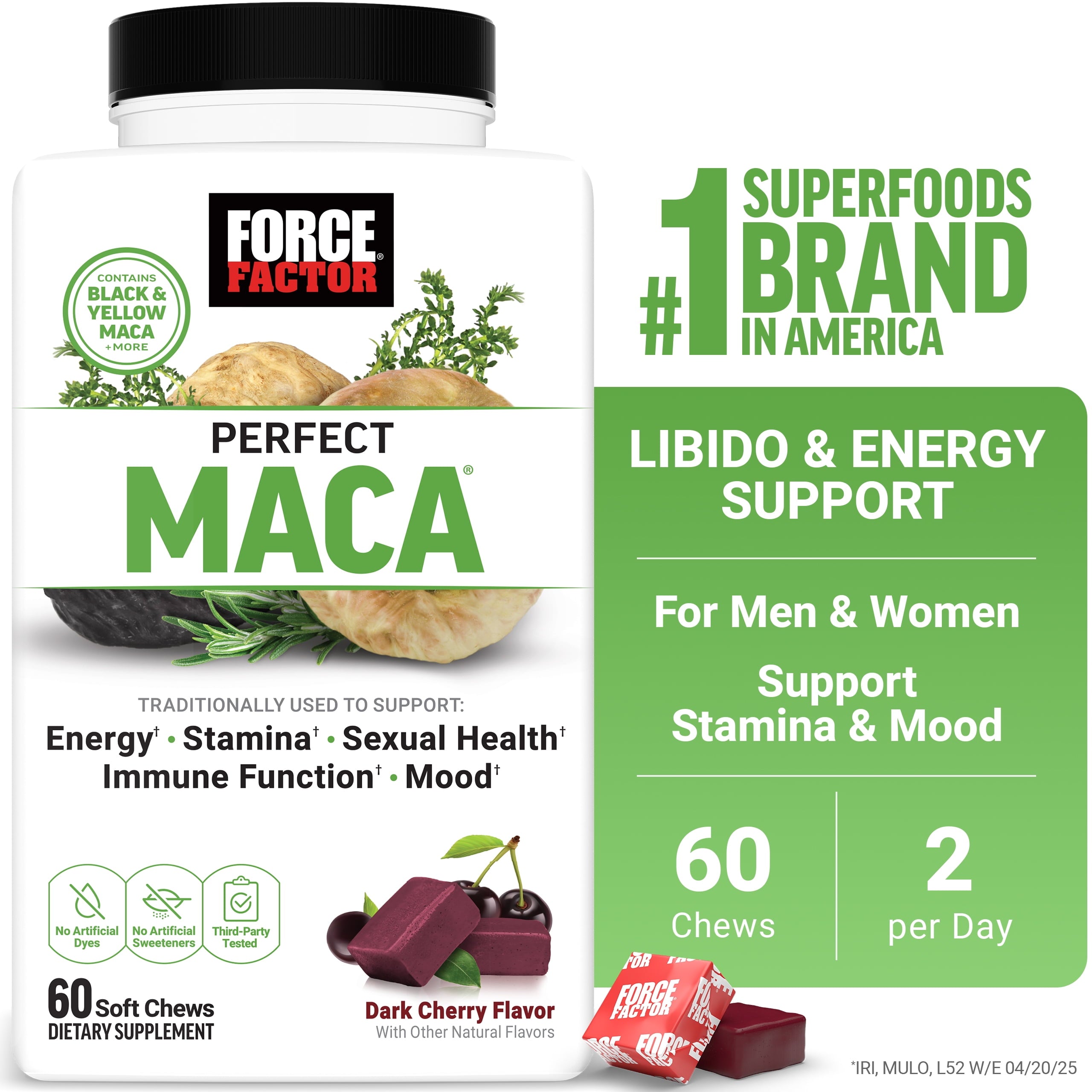 Perfect Maca, Black & Yellow Maca Root Supplement with DIM & Saffron for Mood, Hormone, & Energy Support, Dark Cherry, 60 Soft Chews