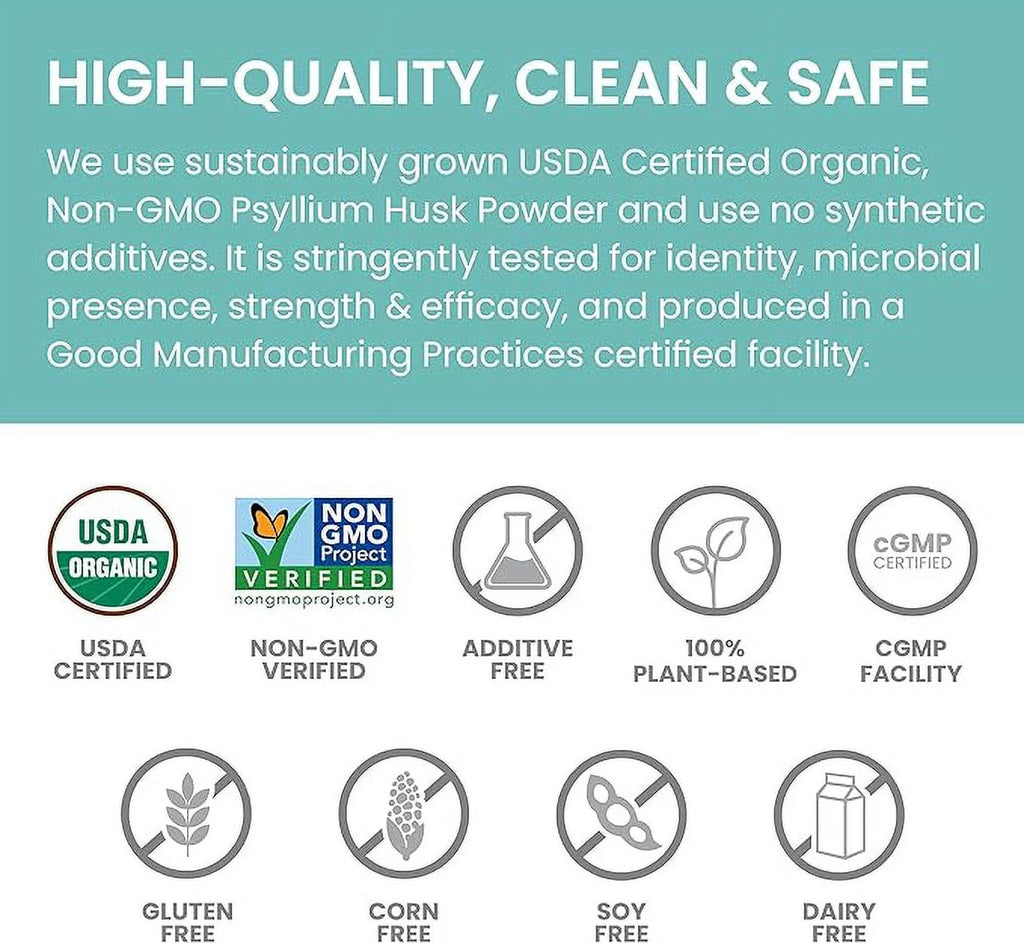 Organic Psyllium Husk Powder, Daily Dietary Fiber Supplement, Appetite Management, 56-Teaspoon Supply, 12 Oz