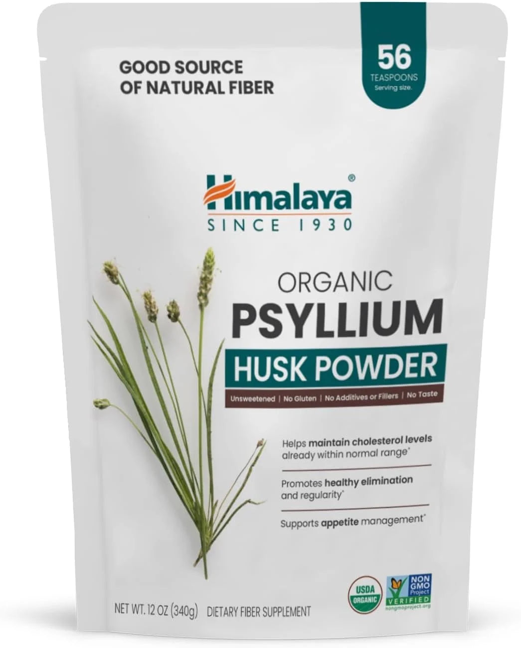 Organic Psyllium Husk Powder, Daily Dietary Fiber Supplement, Appetite Management, 56-Teaspoon Supply, 12 Oz
