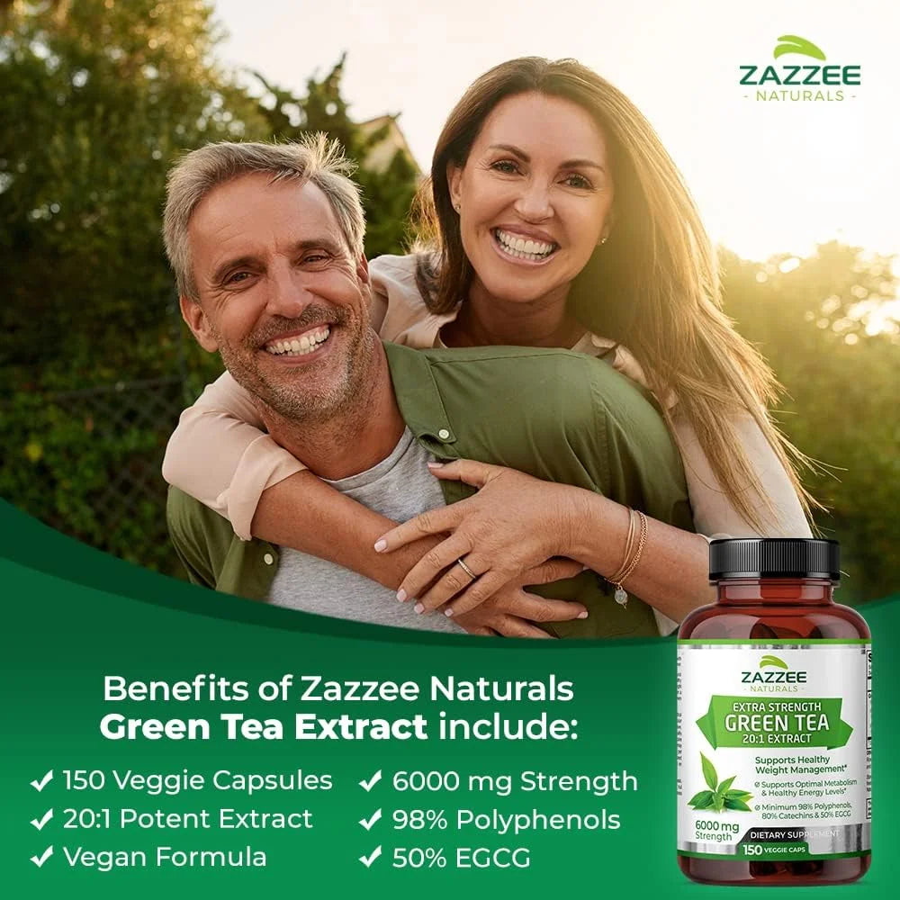 Zazzee Extra Strength Green Tea Extract 6000 Mg – 150 Vegan Capsules – 20:1 Potency – 50% EGCG / 98% Polyphenols – 5‑Month Supply – Vegan • Non-Gmo • Made in USA