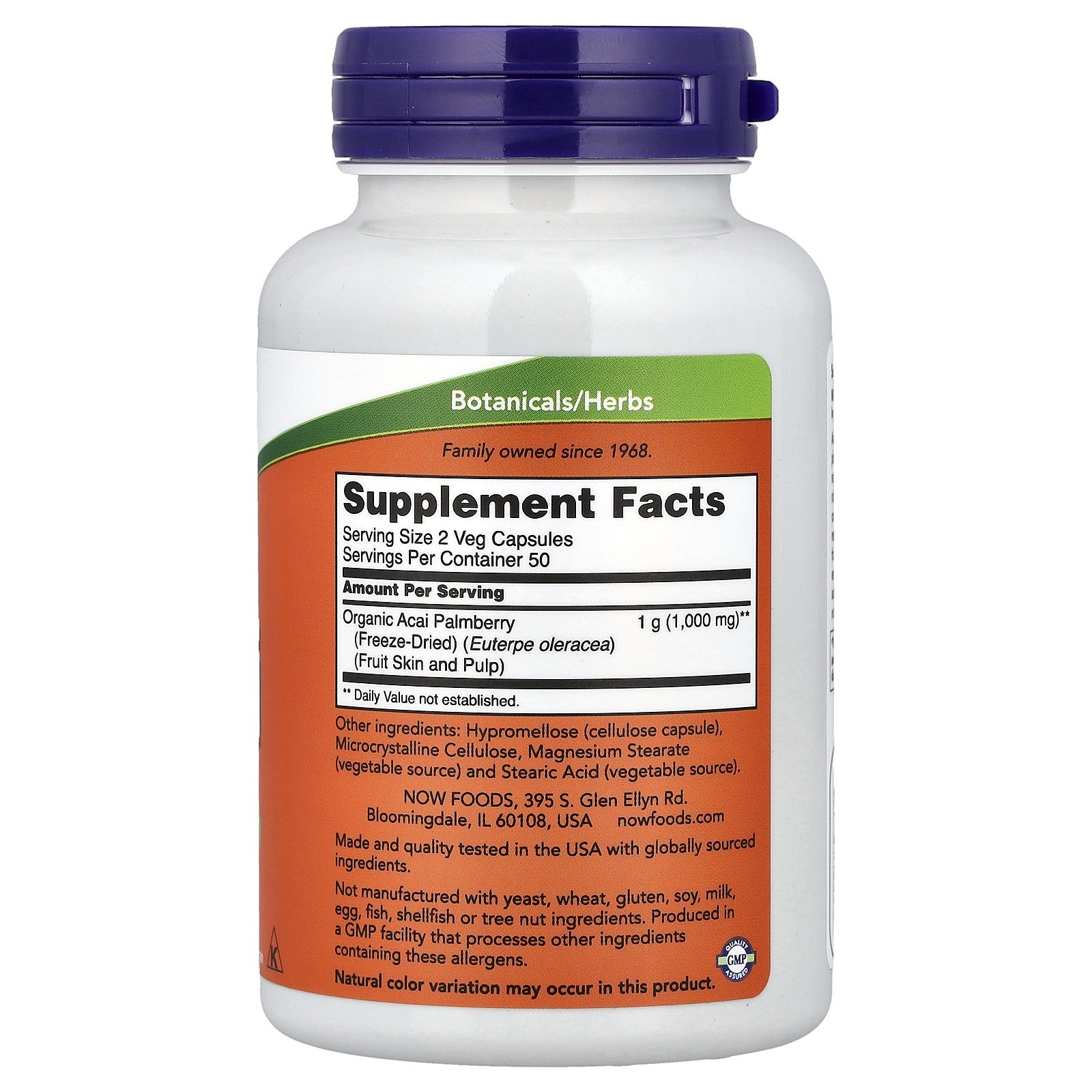Now Foods Freeze-Dried Acai 500 Mg 100 Veg Capsules GMP Quality Assured, Kosher,