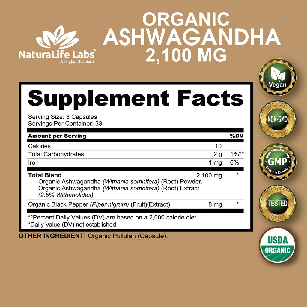 Organic Ashwagandha 2,100 Mg - 100 Vegan Capsules Pure Organic Ashwagandha Powder and Root Extract