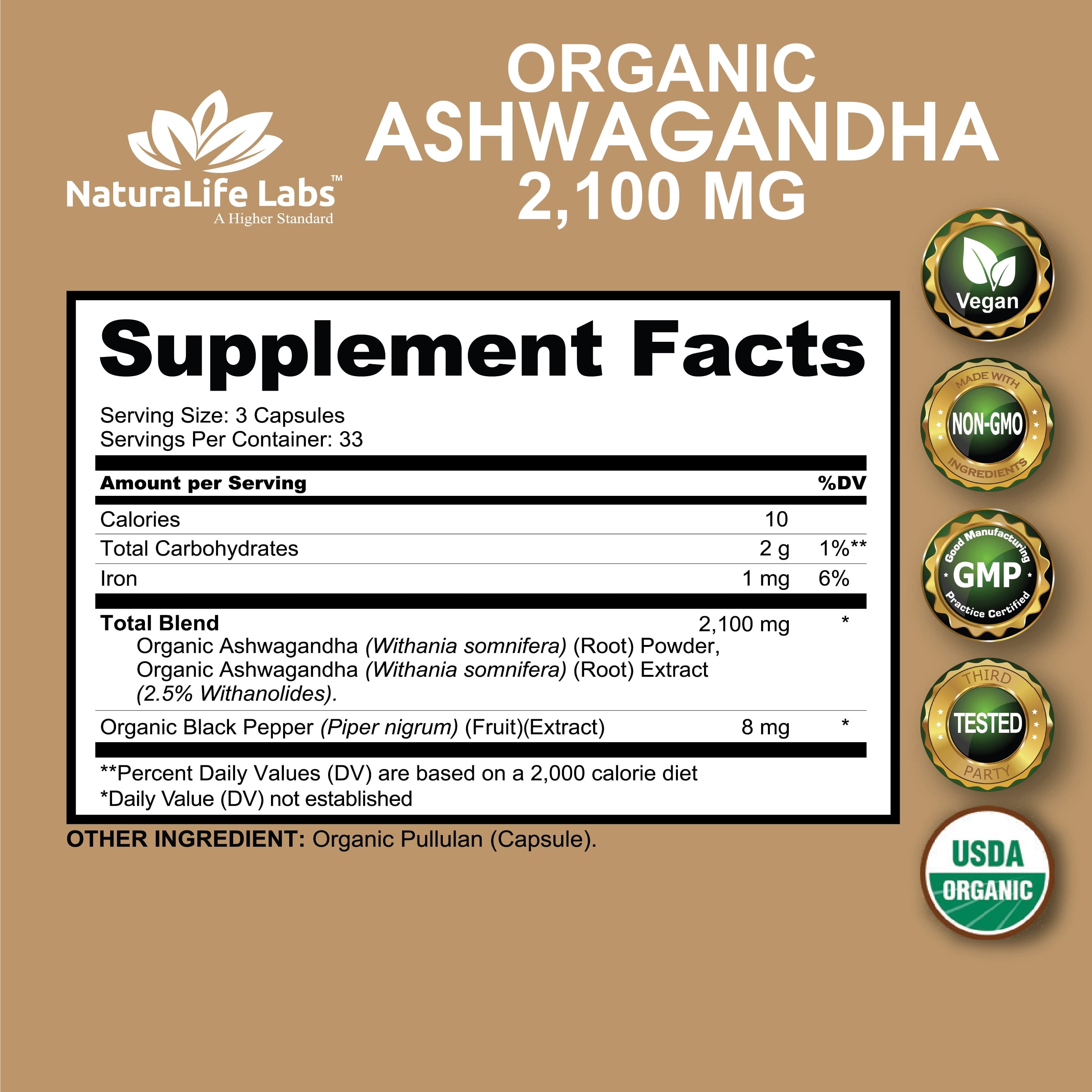 Organic Ashwagandha 2,100 Mg - 100 Vegan Capsules Pure Organic Ashwagandha Powder and Root Extract