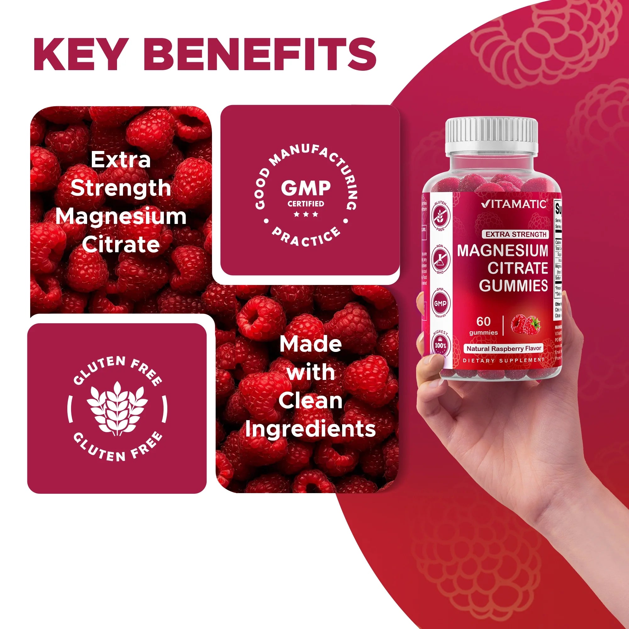 Extra Strength Magnesium Gummies 255 Mg (Elemental Mg) per Serving - 60 Vegan Gummies - Promotes Healthy Relaxation, Muscle, Bone, & Energy Support