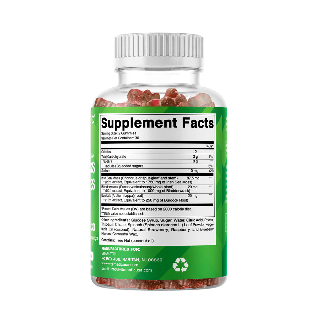 Irish Sea Moss Gummies - 3000 Mg - 60 Vegan Gummies - Made with Bladderwrack & Burdock Root - Seamoss Supplement for Thyroid, Energy, Immune Support