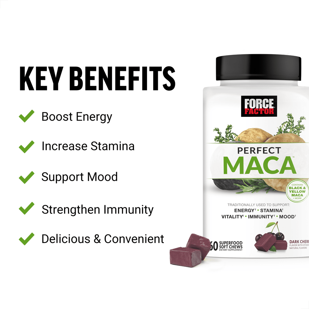 Perfect Maca, Black & Yellow Maca Root Supplement with DIM & Saffron for Mood, Hormone, & Energy Support, Dark Cherry, 60 Soft Chews