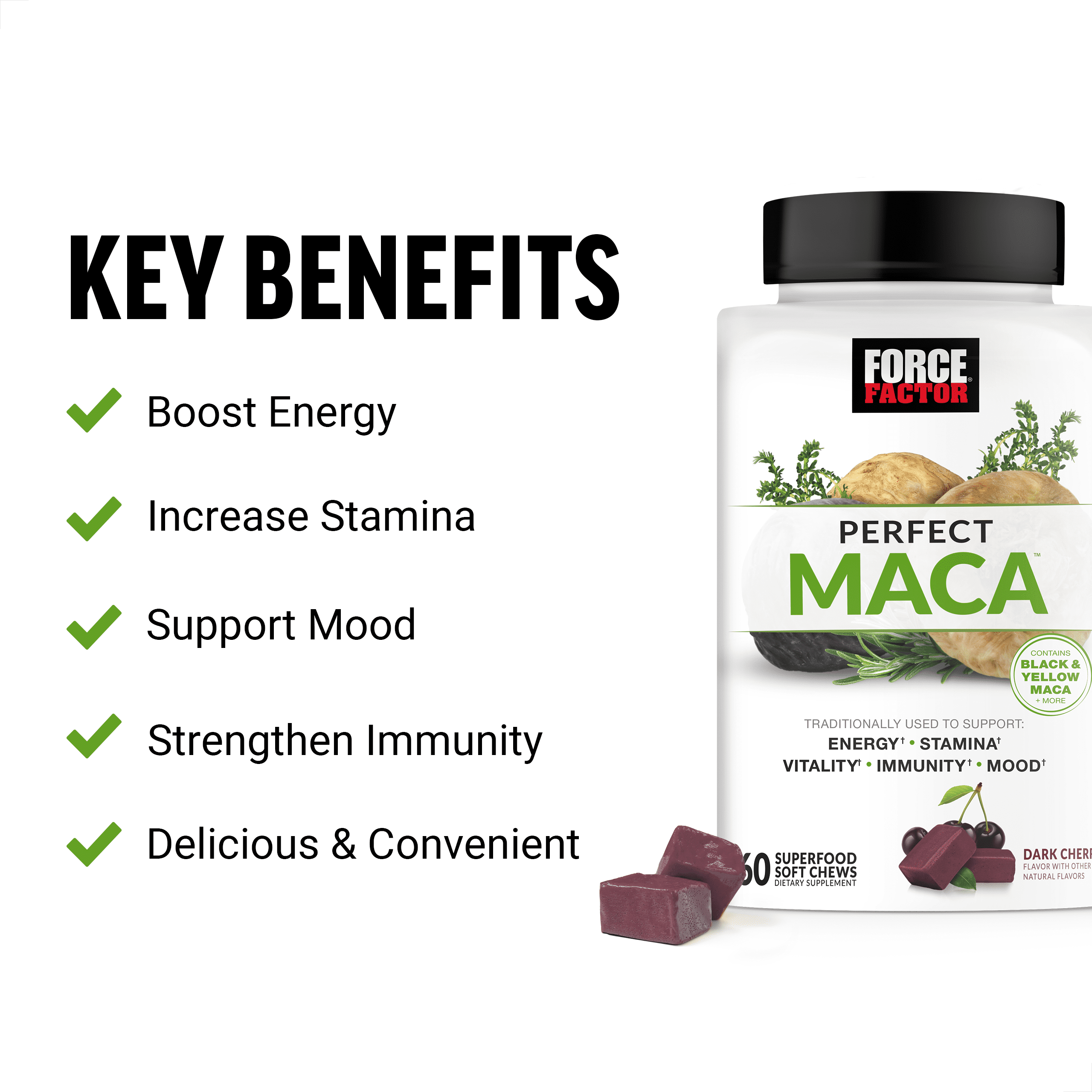 Perfect Maca, Black & Yellow Maca Root Supplement with DIM & Saffron for Mood, Hormone, & Energy Support, Dark Cherry, 60 Soft Chews