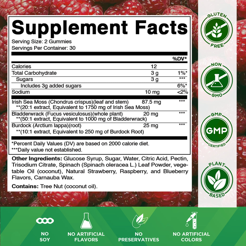 Irish Sea Moss Gummies - 3000 Mg - 60 Vegan Gummies - Made with Bladderwrack & Burdock Root - Seamoss Supplement for Thyroid, Energy, Immune Support