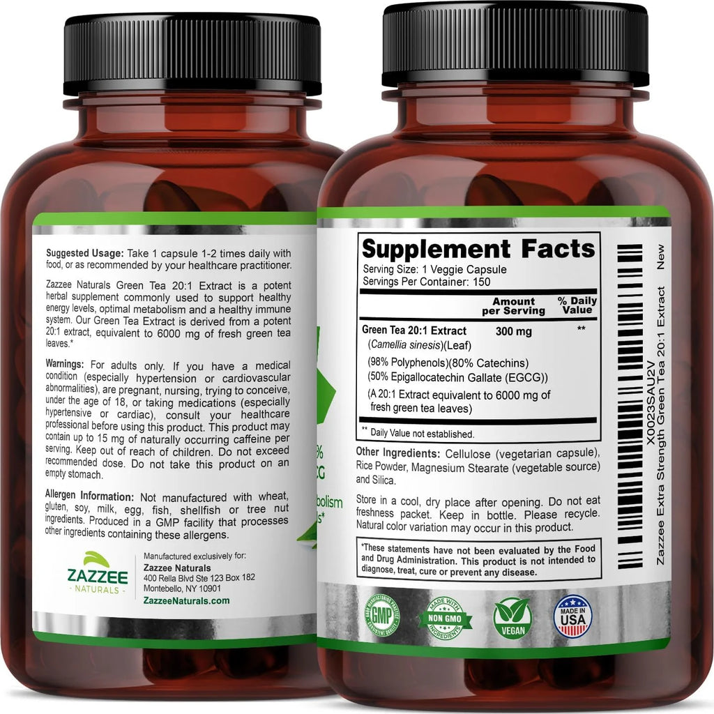 Zazzee Extra Strength Green Tea Extract 6000 Mg – 150 Vegan Capsules – 20:1 Potency – 50% EGCG / 98% Polyphenols – 5‑Month Supply – Vegan • Non-Gmo • Made in USA