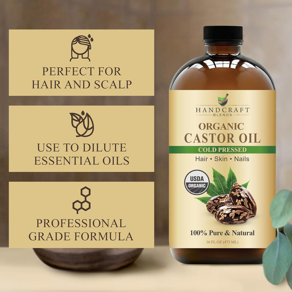 Cold-Pressed Organic Castor Oil 16 Fl Oz | Glass Bottle | 100% Pure and Natural | Premium Grade Carrier Oil | Hair, Eyelashes and Eyebrows | Hair and Body