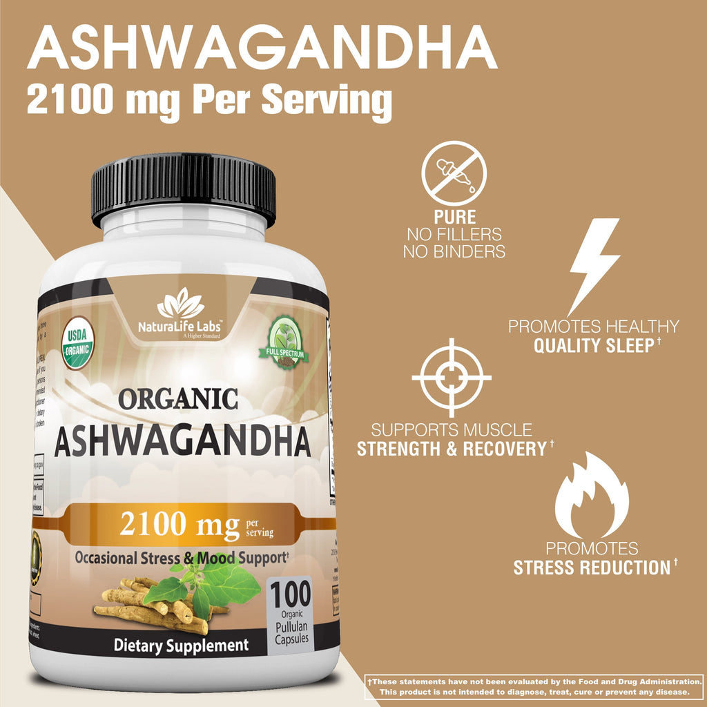 Organic Ashwagandha 2,100 Mg - 100 Vegan Capsules Pure Organic Ashwagandha Powder and Root Extract
