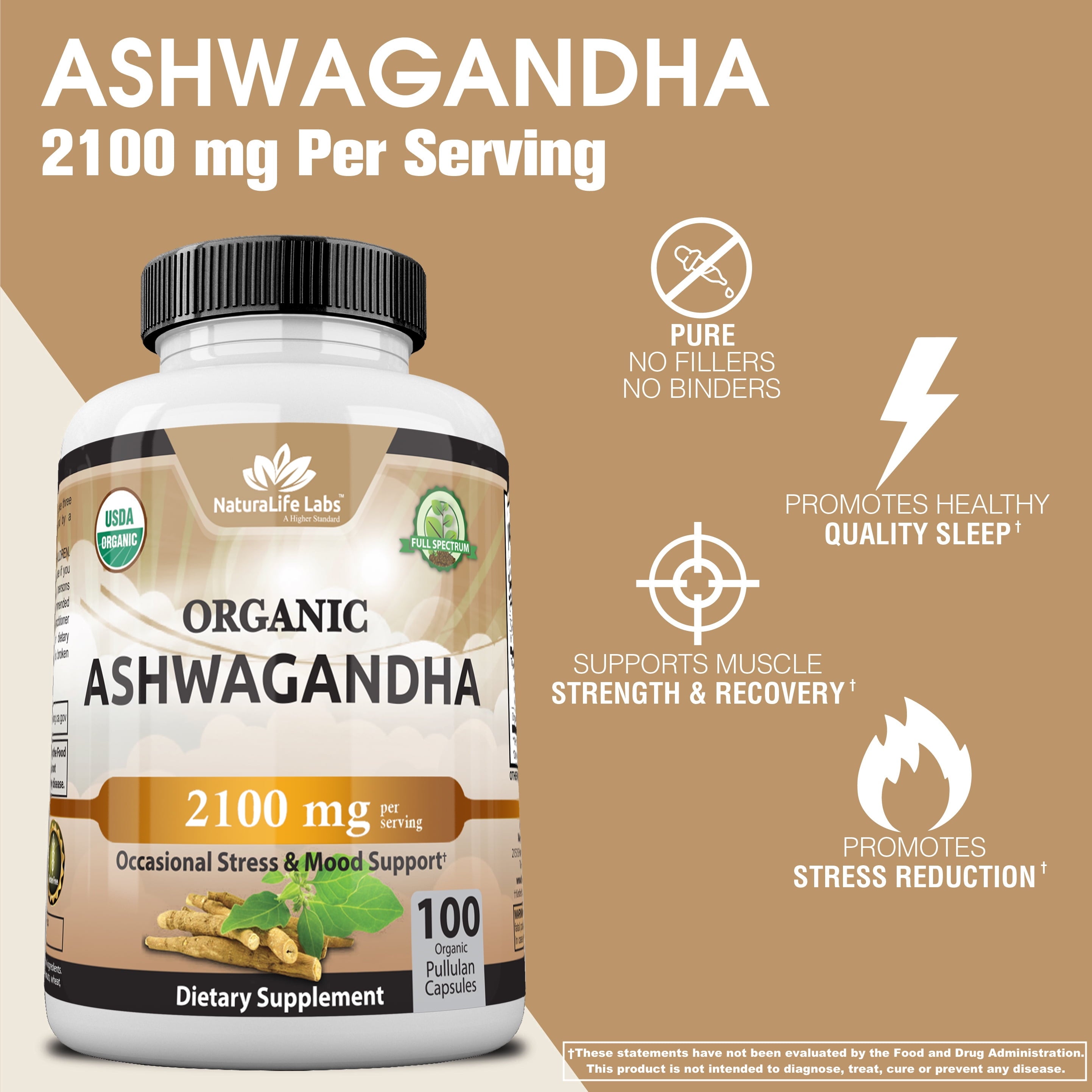 Organic Ashwagandha 2,100 Mg - 100 Vegan Capsules Pure Organic Ashwagandha Powder and Root Extract