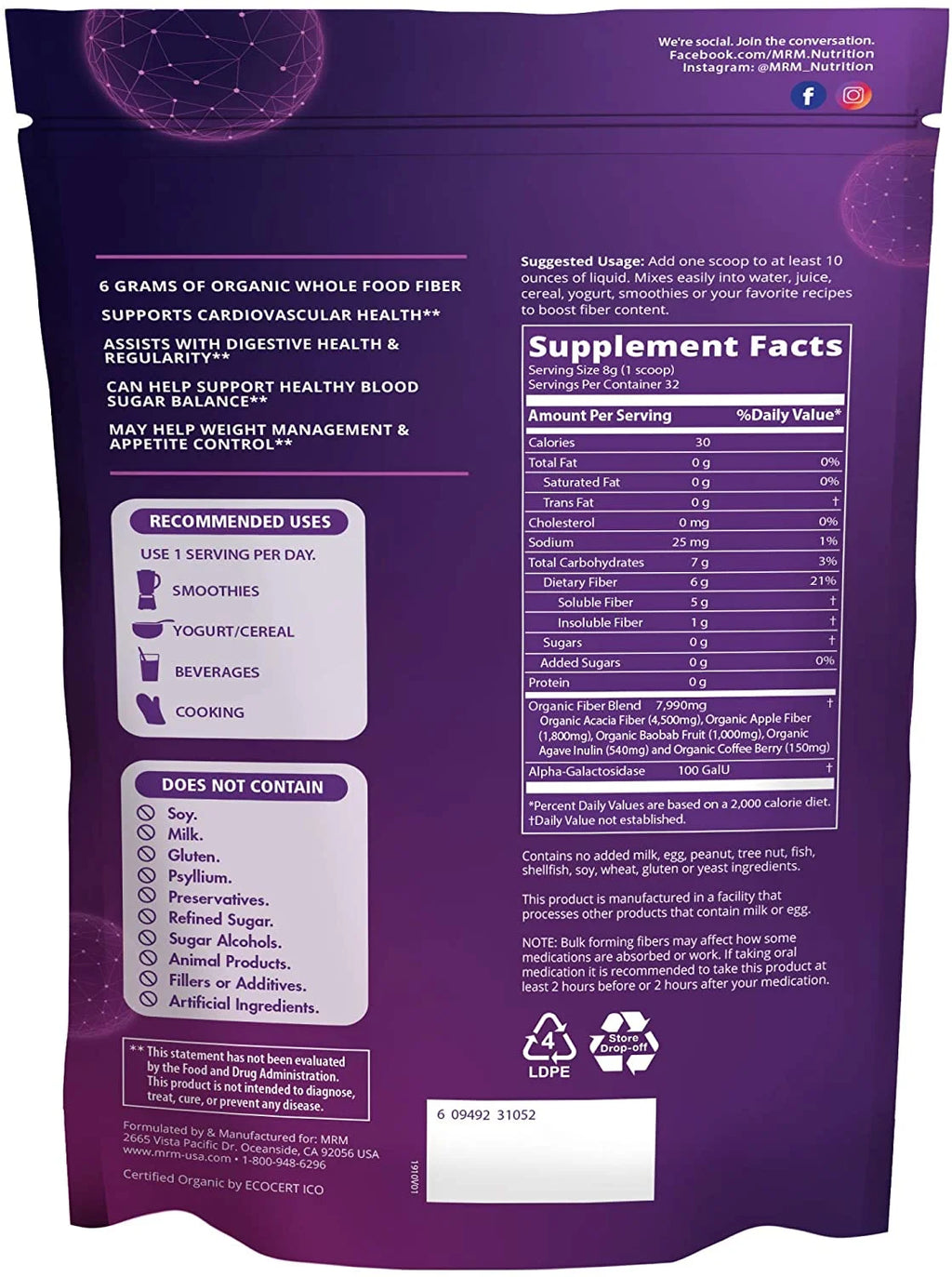 MRM - Whole Food Organic Fiber with Enzymes & Prebiotics Unflavored - 9.03 Oz.