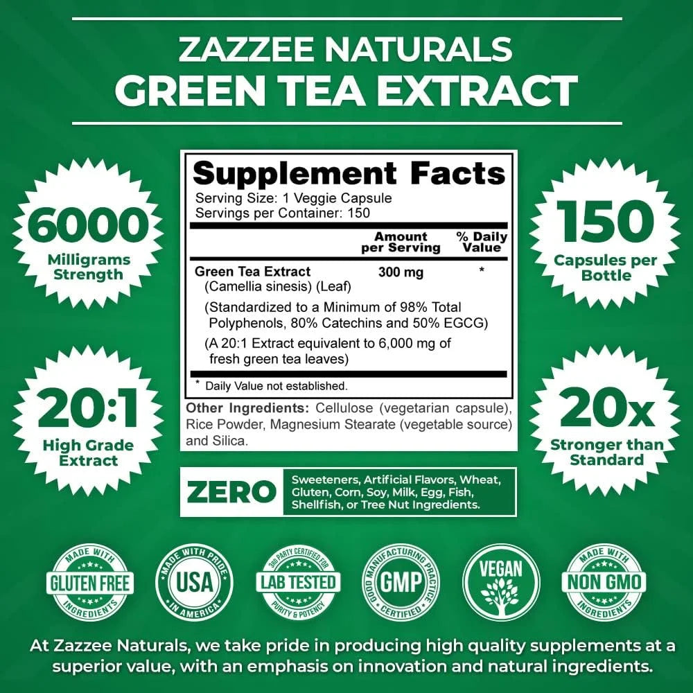 Zazzee Extra Strength Green Tea Extract 6000 Mg – 150 Vegan Capsules – 20:1 Potency – 50% EGCG / 98% Polyphenols – 5‑Month Supply – Vegan • Non-Gmo • Made in USA