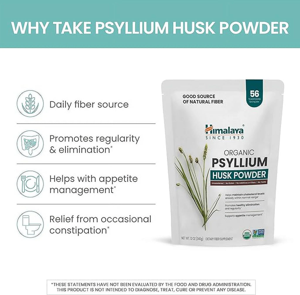 Organic Psyllium Husk Powder, Daily Dietary Fiber Supplement, Appetite Management, 56-Teaspoon Supply, 12 Oz